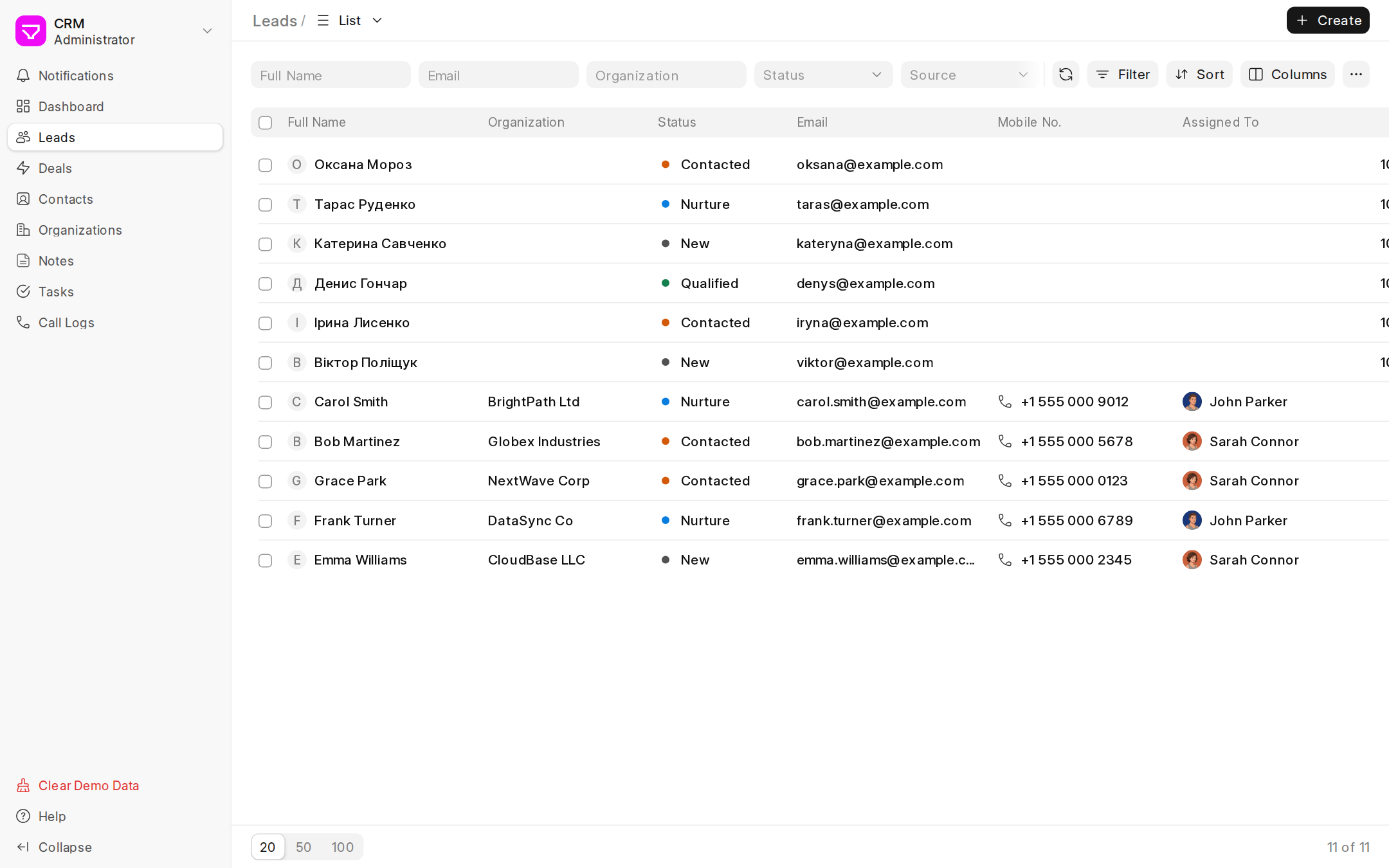 Frappe CRM: a list of leads with statuses and owners