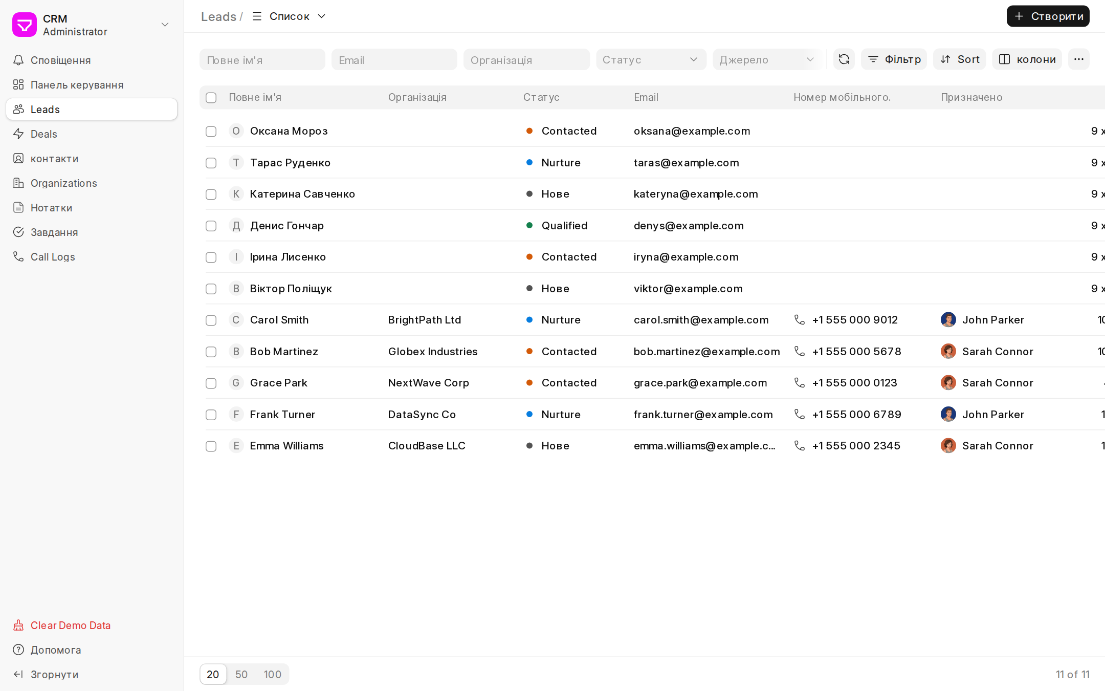 Frappe CRM: список лідів зі статусами та відповідальними