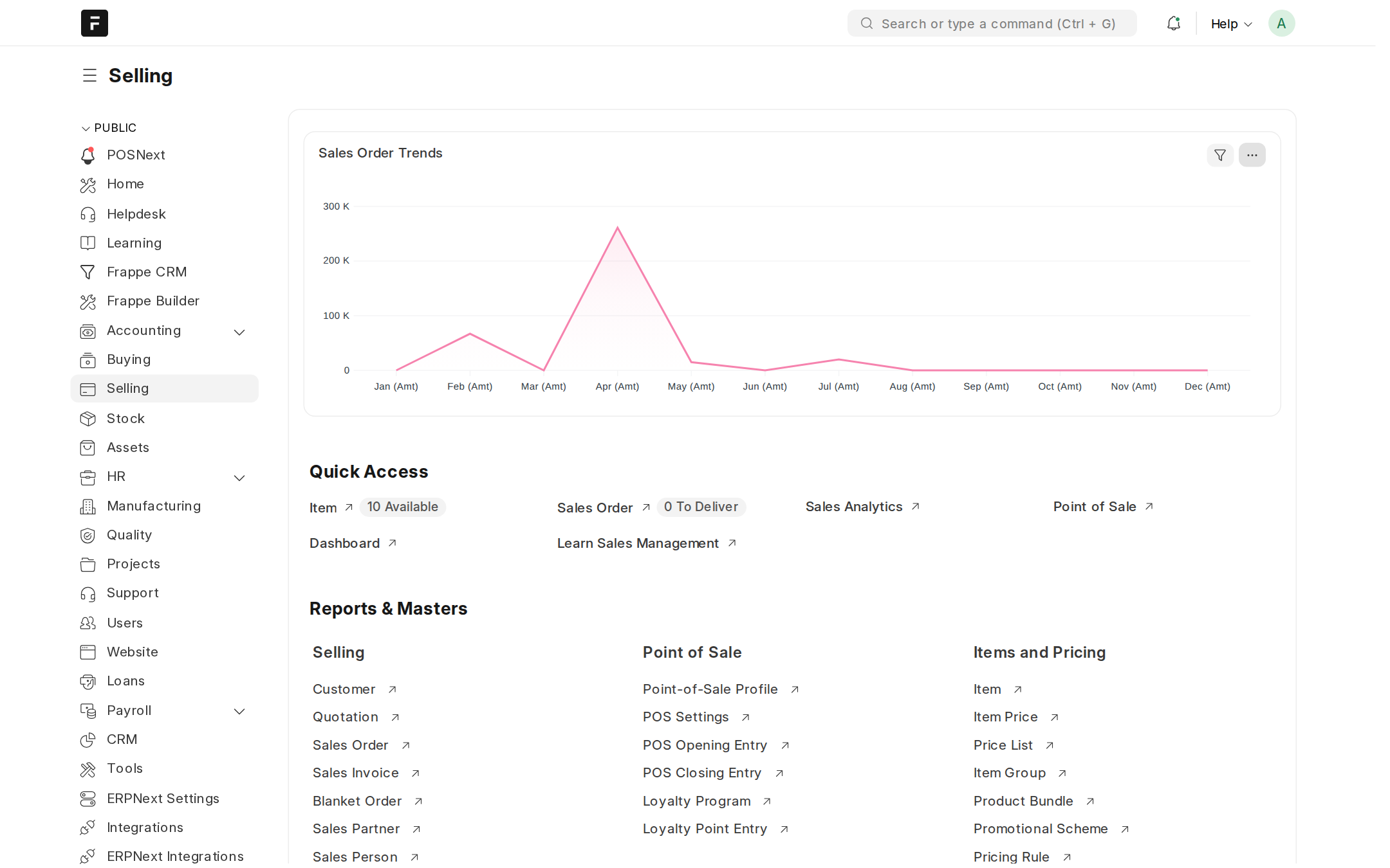 ERPNext: the selling workspace with the order chart and the apps in the menu
