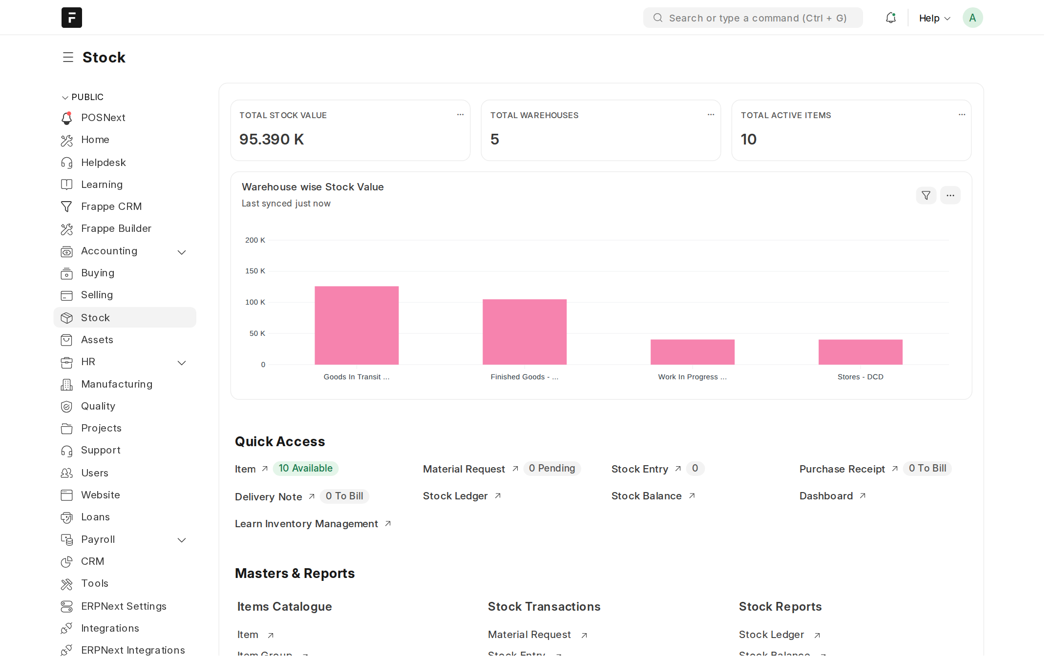 ERPNext: inventory with stock levels, indicators and a chart by warehouse
